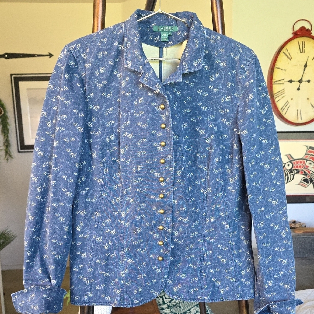 Lauren Ralph Lauren Blue Floral Jean Jacket Vintage Gold Tone Button XL - Picture 13 of 14